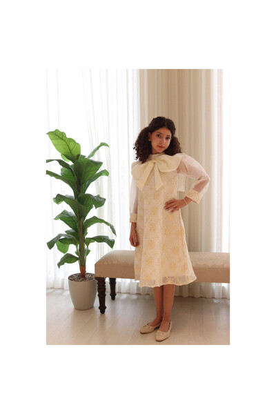 HAWRAA ABAYA Girls' Off-White Embroidered Dress with Bow Collar and Sheer Sle...