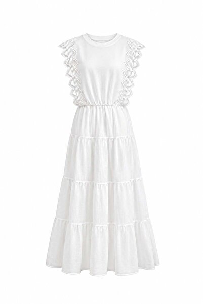 elif teke Embroidered Lace T-Shirt Detailed Dress Ecru