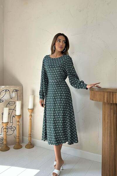 Caddebostan Moda Crew Neck Long Sleeve Waist Tie Patterned Midi Dress