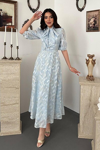 Caddebostan Moda Stylish Women's Midi Dress with Ruffled Collar Detail and Bow