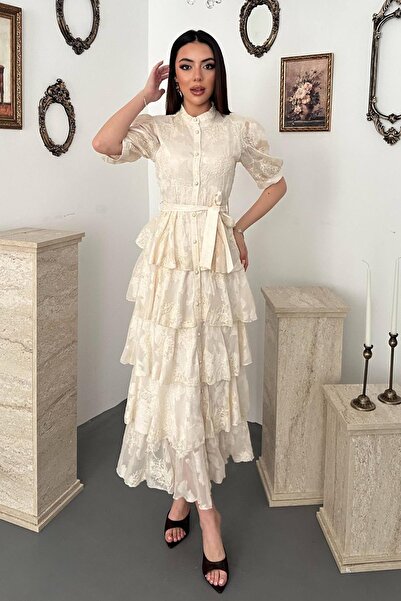 Caddebostan Moda Layered Patterned Belted Buttoned Midi Dress