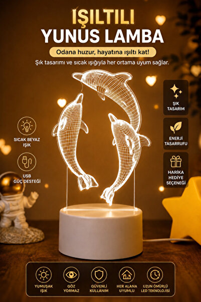 SYN AKSESUAR 3D Optik Yunus Figürlü Led Gece Lambası- Dekoratif Masa Lambası