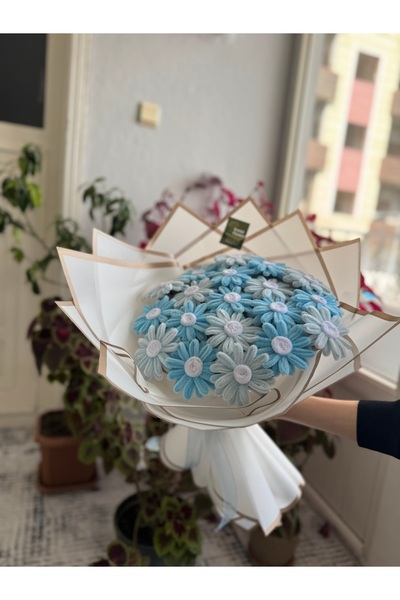 Kristal Flowers El Yapımı Şönilden Mavi Papatya Buketi