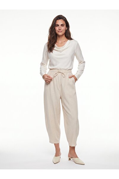 ONLOOX Beige Cotton Fabric Comfortable Fit Trousers with Elastic Waist and Sh...