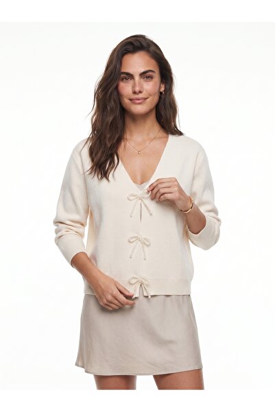 ONLOOX Cream Knitwear Soft Textured V-Neck Knitted Cardigan with Pearl and Bo...