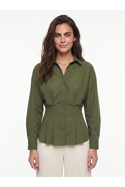 ONLOOX Green Poplin Fabric Classic Shirt with Collar, Fitted at the Waist, Pl...