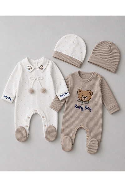 My Babies Label Erkek Bebek 4’lü Ayıcık Baskılı İşleme Detaylı %100 Pamuklu T...