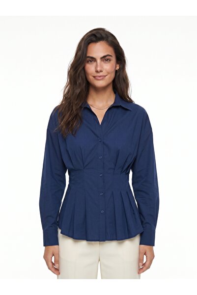 ONLOOX Navy Blue Poplin Fabric Shirt with Collar, Fitted at the Waist, Front ...