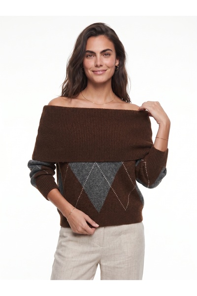 ONLOOX Coffee Anthracite Stretchy Knitwear Madonna Collar Diamond Patterned S...