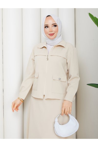 MİHRİZAR Women's Pocket Detailed Zippered Jacket and Skirt Islamic Clothing Two-Piece Set