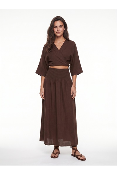 ONLOOX Bitter Brown Cotton Muslin Double-Breasted Collar Crop Blouse and High...