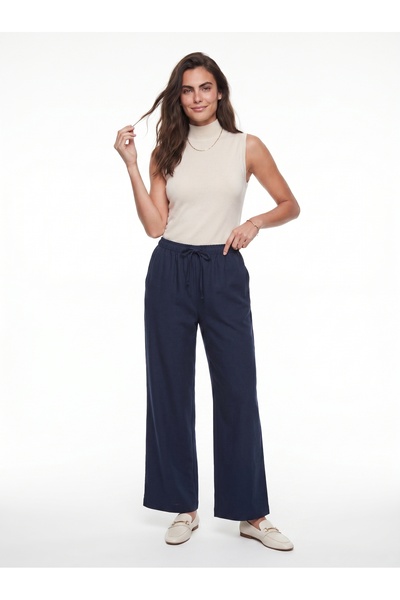ONLOOX Navy Blue Viscose Blend High Waist Loose Cut Elastic Waist Tie Detail ...