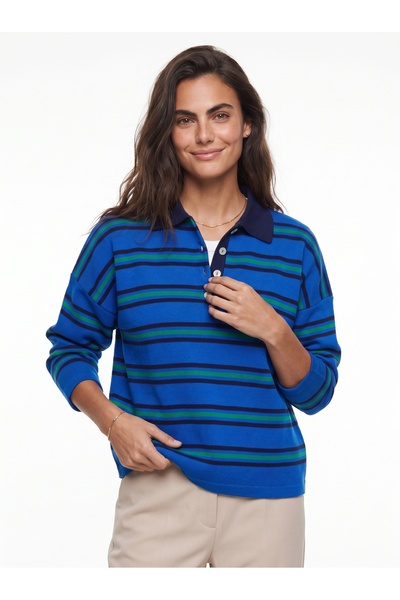 ONLOOX Saks Acrylic Textured Polo Neck Low Shoulder Striped Standard Size Kni...