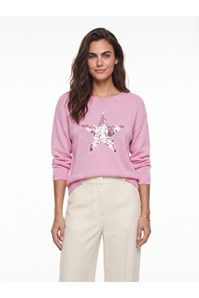 ONLOOX Pink Mercerized Knitwear Crew Neck Long Sleeve Relaxed Fit Star Patter...