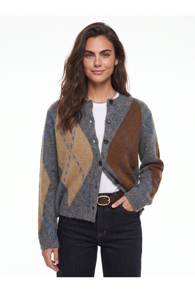 ONLOOX Anthracite Shaded Acrylic Blended Long Sleeve Diamond Patterned Button...