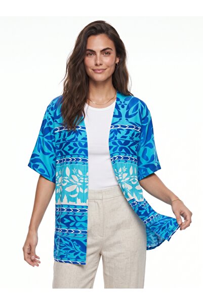 ONLOOX Blue Cotton Viscose Blended V-Neck Short Sleeve Ethnic Patterned Stand...