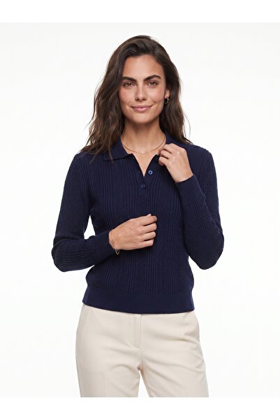 ONLOOX Navy Blue Acrylic Fabric Polo Collar Regular Fit Long Sleeve Textured ...