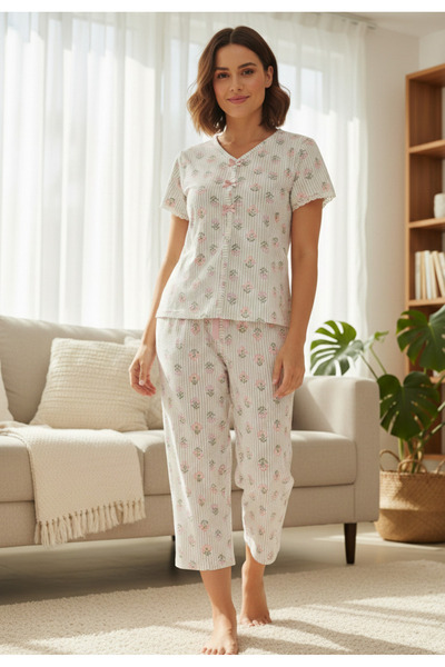 YusGos Women's Short Sleeve + Capri Bow Valentine's Day Cotton Pajama Set