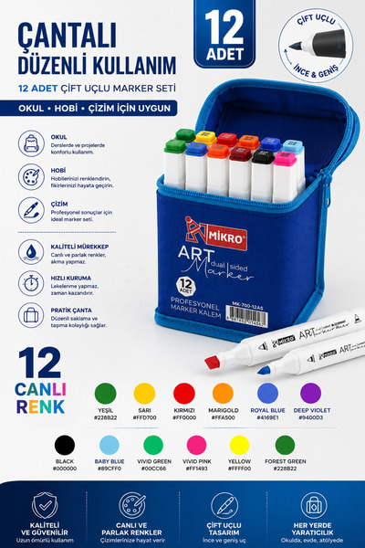 Mikro Art Çift Uçlu keçeli kalem Marker Kalem Seti 12 Renk Çantalı | Profesyo...