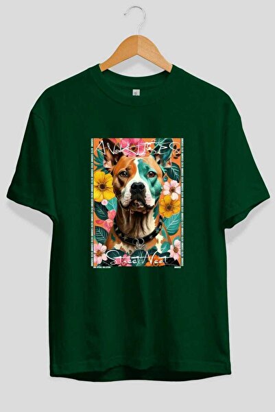 Ankhises تي شيرت Dog For Love 9 أخضر اللون كبير الحجم مطبوع عليه صورة كلب، مص...