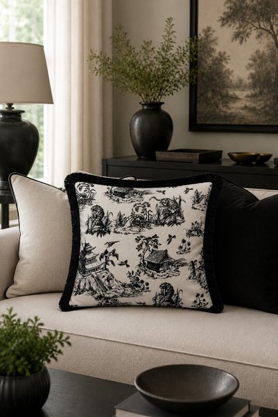 LUX VIE Toile De Jouy Patterned Tasseled Babyface Woven Decorative Throw Pill...