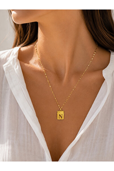 Zeynepli gold & jewelry 14 AYAR ALTIN N HARFLİ KARE KALPLİ KOLYE