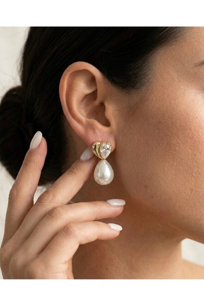 Glowisters Jewelry Kadın Gold Kalp Detaylı Zirkon Taşlı Sallantılı Beyaz İnci Küpe