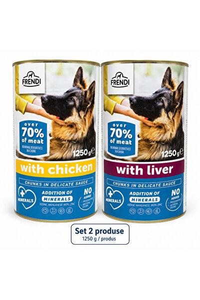 FRENDİ Dog, hrana umeda pentru caini, Set 2 conserve, Mix Pui, Ficat, 2 x 1250 g