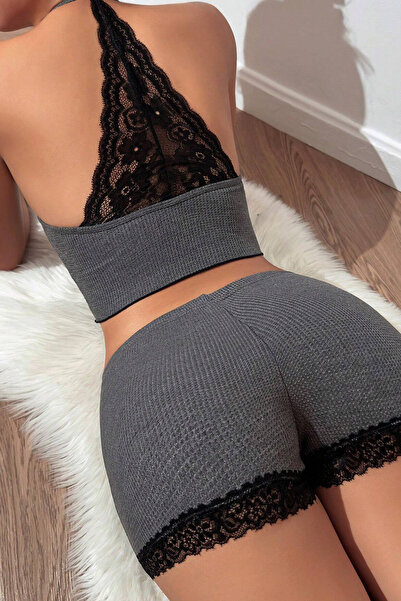 ALFA AKSESUAR 03 Women's Gray Camisole Back and Leg Part Lace Detailed Shorts...
