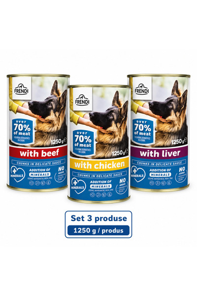 FRENDİ Dog, hrana umeda pentru caini, Set 3 conserve, Mix Vita, Pui, Ficat, 3...