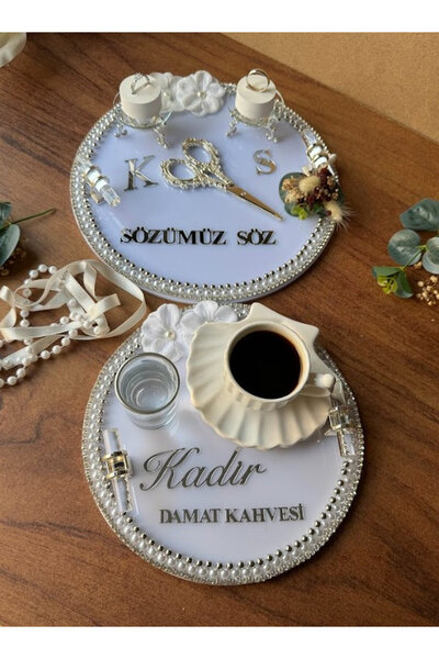 CatplexBoutique Söz Tepsisi - Kişiye Özel 2'li Nişan Tepsisi Damat Kahvesi Te...