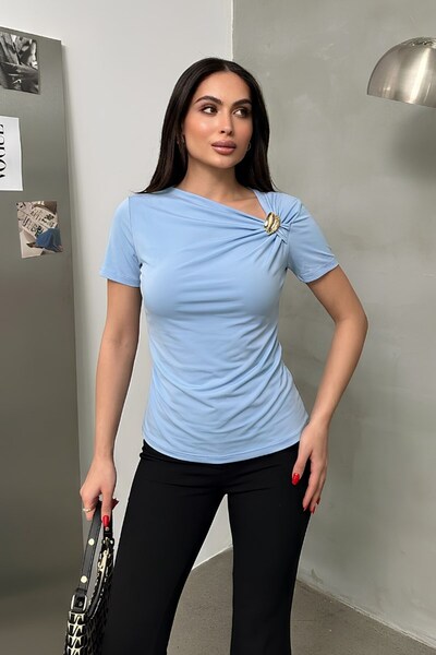 spirituel Women's T-Shirt Short Sleeve Asymmetrical Collar Gold Buckle Detailed Gathered Stylish Cotton Blouse