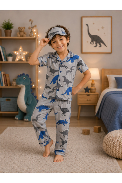 SERPİL Erkek Çocuk Dinozor Baskılı Pijama Takımı Uyku Maskeli Rahat Ev Giyim ...
