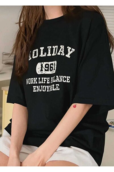 JENOLAN Tricou oversize casual Boyfriend cu imprimeu de sărbători