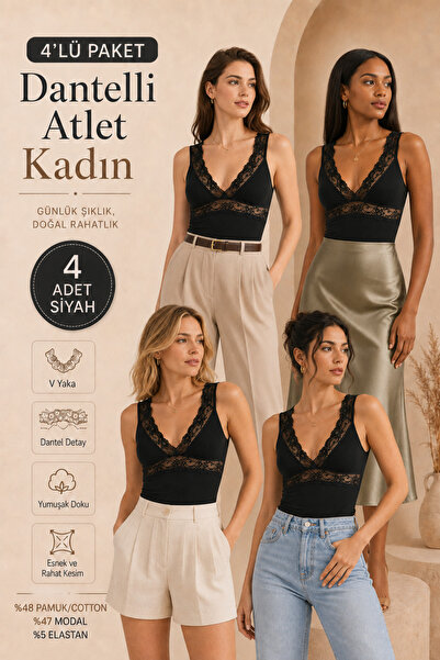 Loule Tricou pentru femei, 4 piese, cu detaliu din dantelă, cu decolteu în V,...