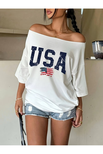 OVER HEAD Tricou pentru femei, cu imprimeu USA, cu gât barcă și umeri căzuți,...