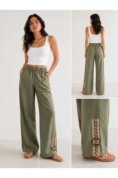 FERA Green Flam Cotton Linen Casual Fabric Pantalon