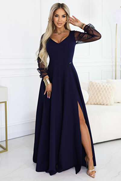 OEM LORETTA rochie lunga unica cu maneci si decolteu din tul - bleumarin de S...