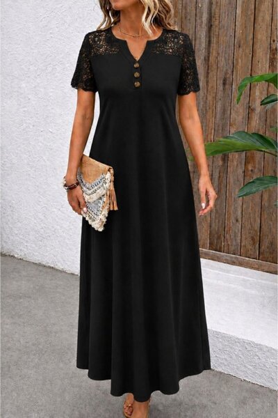 oada Women's Short Sleeve Lace Button Detailed Long Waffle Dress