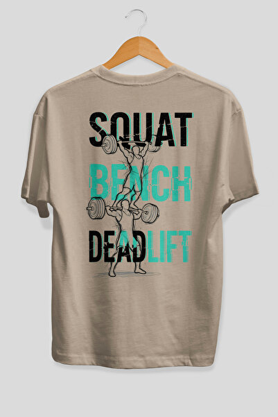 Ankhises Squat Bench Deadlift 2 Oversize Back Printed Beige T-Shirt 100% Cott...