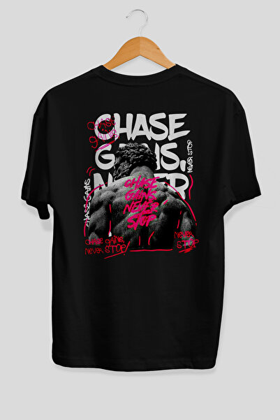 Ankhises Tricou negru supradimensionat cu imprimeu pe spate Chase Gains Never...