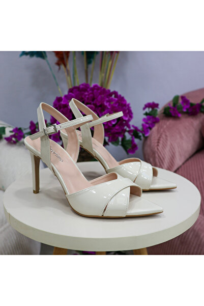 favorimo Women's Beige Patent Leather Ankle Strap Thin High Heel Sandals Stil...