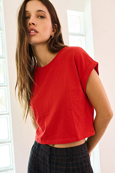 EFFE Basic Crew Neck Women's Top T-Shirt with Folded Sleeves
