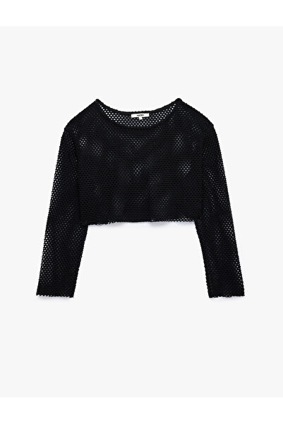 Koton Comfortable Fit Boat Neck Long Sleeve Openwork Mesh Crop T-Shirt