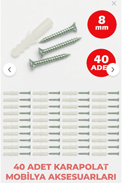 KARAPOLAT 8 mm Plastik Dübel ve Vida Seti 40 Adet Duvar Montaj Seti