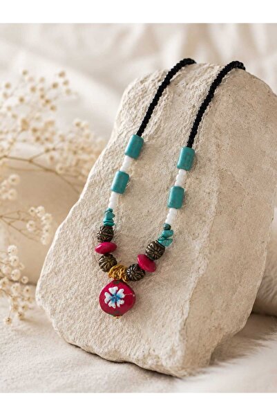 ORENDAJEWELRY Turkuaz Doğal Taşlı Çiçek Desenli Ahşap Detaylı Kolye