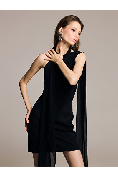LC Waikiki Black Halter Neck Tulle Mini Evening Dress