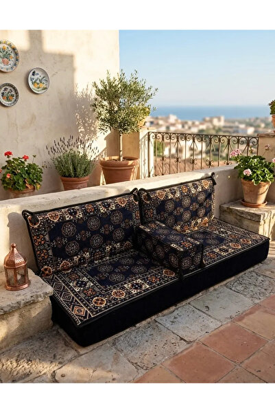 BAKIRÖZÜ HOME Şark Köşesi Takımı Lacivert Buhara Modeli 4 Parça (20 CM MİNDER...