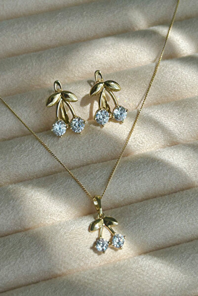 SEHERDEN Özel Seri 14K Altın Kaplama Kirazlı Kolye ve Küpe Kadın Set Takı (Bi...