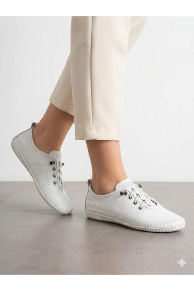 Lütfi Women's White Genuine Leather Orthopedic Sole Casual Shoes